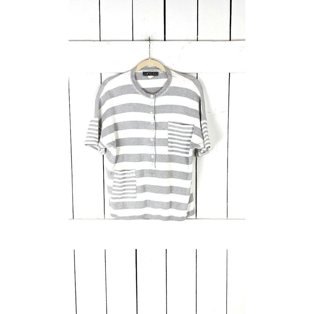 90s vintage Karen Kane grey white striped short sleeve slouchy pullover sweatshi